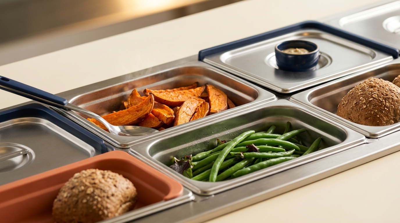 Whole-grain rolls, green beans, and roasted sweet potatoes staged in a cafeteria service line