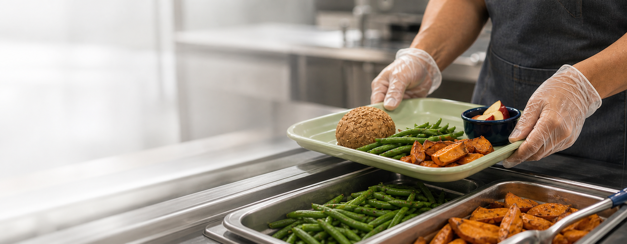 A school nutrition worker carrying a filled tray through a stainless cafeteria service line